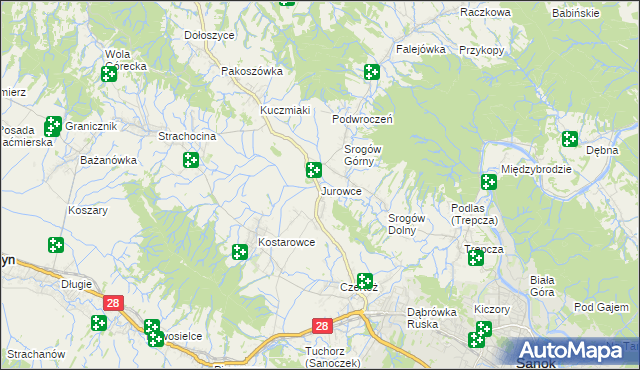 mapa Jurowce gmina Sanok, Jurowce gmina Sanok na mapie Targeo