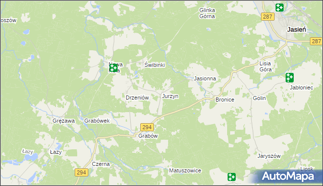 mapa Jurzyn gmina Jasień, Jurzyn gmina Jasień na mapie Targeo