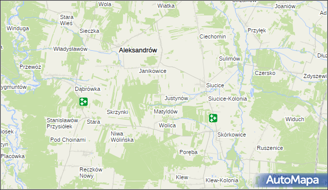 mapa Justynów gmina Aleksandrów, Justynów gmina Aleksandrów na mapie Targeo