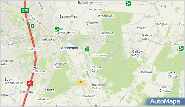 mapa Justynów gmina Andrespol, Justynów gmina Andrespol na mapie Targeo