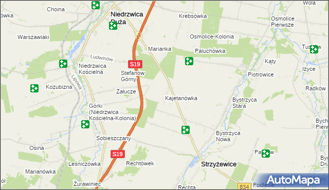 mapa Kajetanówka gmina Strzyżewice, Kajetanówka gmina Strzyżewice na mapie Targeo