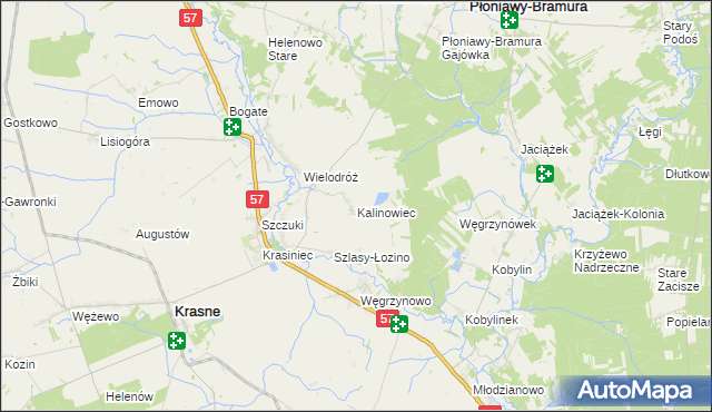 mapa Kalinowiec gmina Płoniawy-Bramura, Kalinowiec gmina Płoniawy-Bramura na mapie Targeo