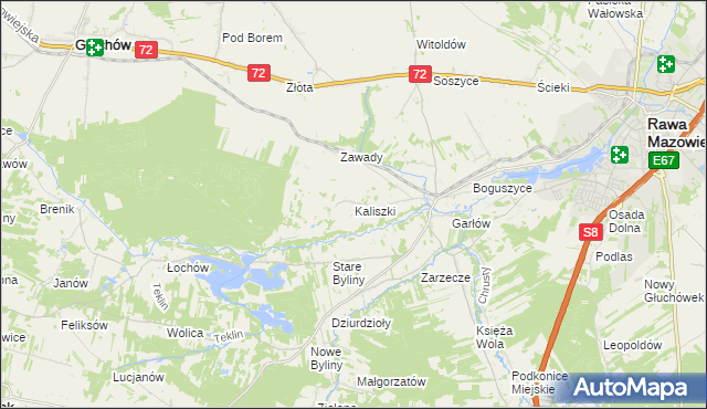 mapa Kaliszki gmina Rawa Mazowiecka, Kaliszki gmina Rawa Mazowiecka na mapie Targeo