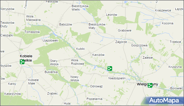 mapa Karczów gmina Wielgomłyny, Karczów gmina Wielgomłyny na mapie Targeo