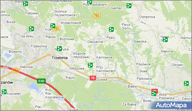 mapa Karniowice gmina Trzebinia, Karniowice gmina Trzebinia na mapie Targeo