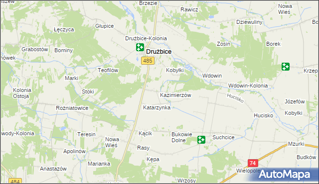 mapa Kazimierzów gmina Drużbice, Kazimierzów gmina Drużbice na mapie Targeo