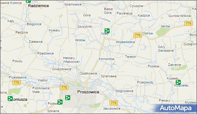 mapa Klimontów gmina Proszowice, Klimontów gmina Proszowice na mapie Targeo