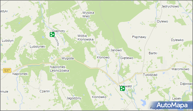 mapa Klonowo gmina Ostróda, Klonowo gmina Ostróda na mapie Targeo