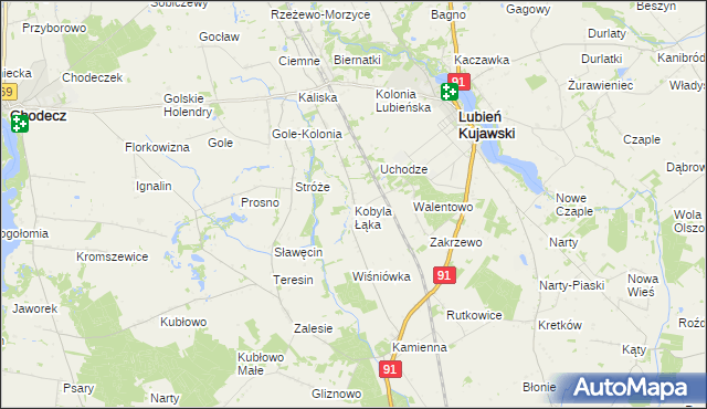 mapa Kobyla Łąka gmina Lubień Kujawski, Kobyla Łąka gmina Lubień Kujawski na mapie Targeo