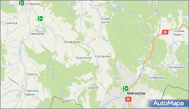 mapa Kochanów gmina Kamienna Góra, Kochanów gmina Kamienna Góra na mapie Targeo