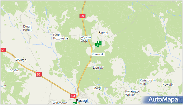 mapa Kokoszki gmina Rozogi, Kokoszki gmina Rozogi na mapie Targeo