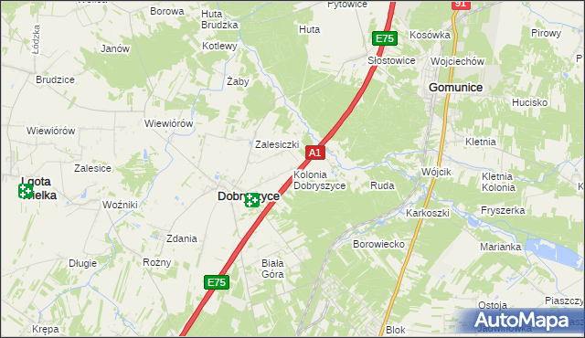 mapa Kolonia Dobryszyce, Kolonia Dobryszyce na mapie Targeo