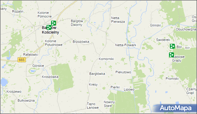 mapa Komorniki gmina Bargłów Kościelny, Komorniki gmina Bargłów Kościelny na mapie Targeo