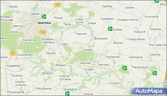 mapa Kopiec gmina Iwaniska, Kopiec gmina Iwaniska na mapie Targeo