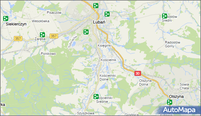 mapa Kościelnik gmina Lubań, Kościelnik gmina Lubań na mapie Targeo