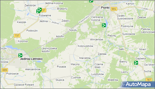 mapa Kościuszków gmina Pionki, Kościuszków gmina Pionki na mapie Targeo