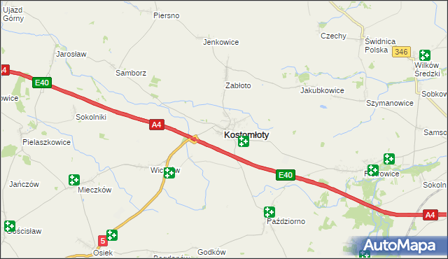 mapa Kostomłoty powiat średzki, Kostomłoty powiat średzki na mapie Targeo