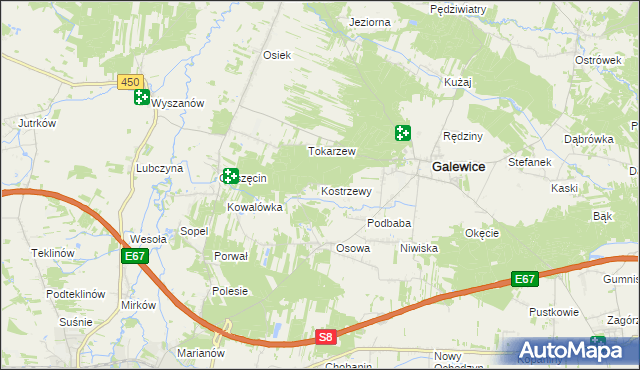 mapa Kostrzewy gmina Galewice, Kostrzewy gmina Galewice na mapie Targeo