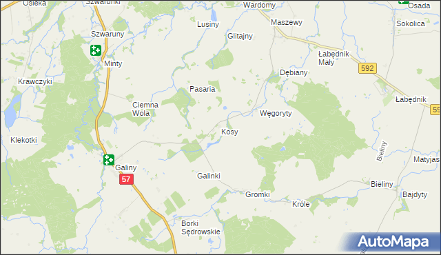 mapa Kosy gmina Bartoszyce, Kosy gmina Bartoszyce na mapie Targeo