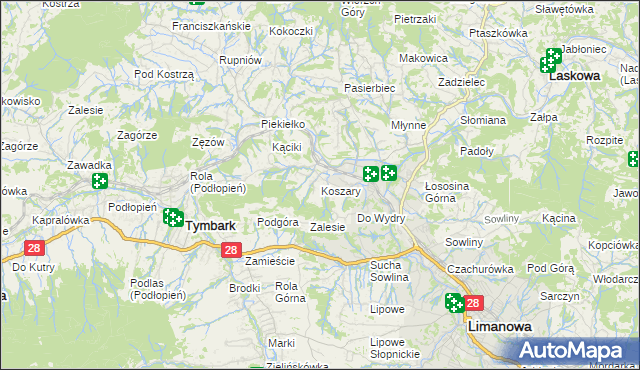 mapa Koszary gmina Limanowa, Koszary gmina Limanowa na mapie Targeo