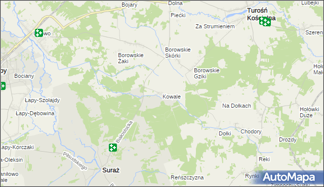 mapa Kowale gmina Suraż, Kowale gmina Suraż na mapie Targeo