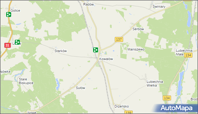 mapa Kowalów gmina Rzepin, Kowalów gmina Rzepin na mapie Targeo