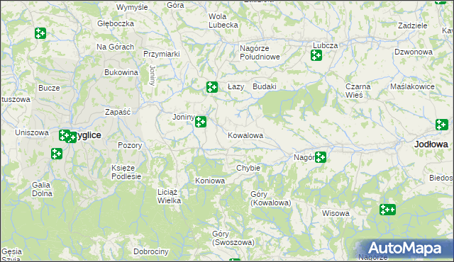 mapa Kowalowa gmina Ryglice, Kowalowa gmina Ryglice na mapie Targeo