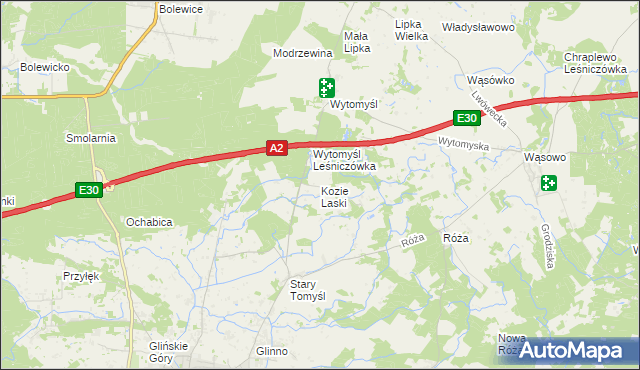 mapa Kozie Laski gmina Nowy Tomyśl, Kozie Laski gmina Nowy Tomyśl na mapie Targeo