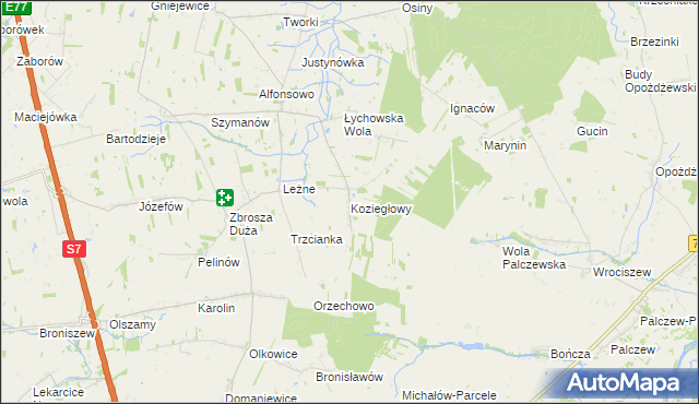 mapa Koziegłowy gmina Jasieniec, Koziegłowy gmina Jasieniec na mapie Targeo