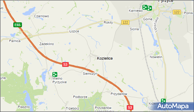 mapa Kozielice powiat pyrzycki, Kozielice powiat pyrzycki na mapie Targeo