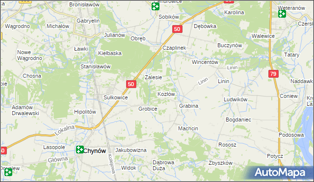 mapa Kozłów gmina Chynów, Kozłów gmina Chynów na mapie Targeo