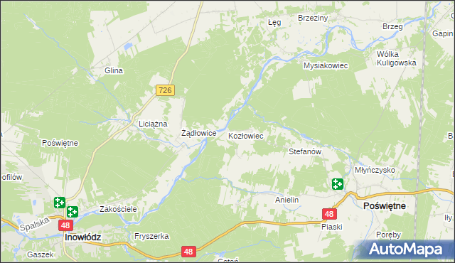 mapa Kozłowiec gmina Poświętne, Kozłowiec gmina Poświętne na mapie Targeo