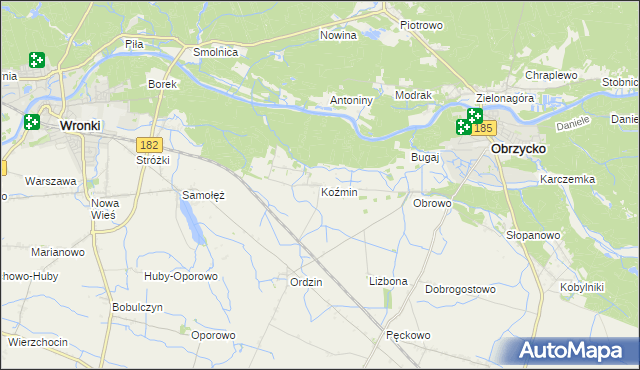 mapa Koźmin gmina Obrzycko, Koźmin gmina Obrzycko na mapie Targeo