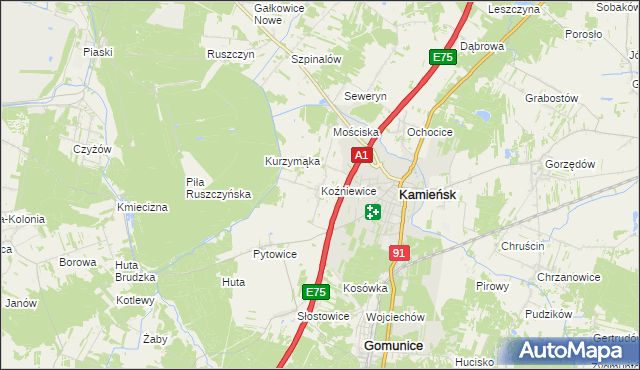 mapa Koźniewice, Koźniewice na mapie Targeo