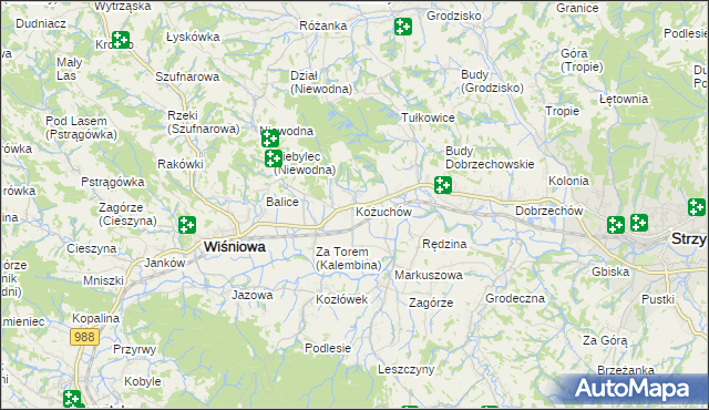 mapa Kożuchów gmina Wiśniowa, Kożuchów gmina Wiśniowa na mapie Targeo