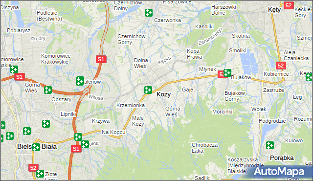 mapa Kozy powiat bielski, Kozy powiat bielski na mapie Targeo