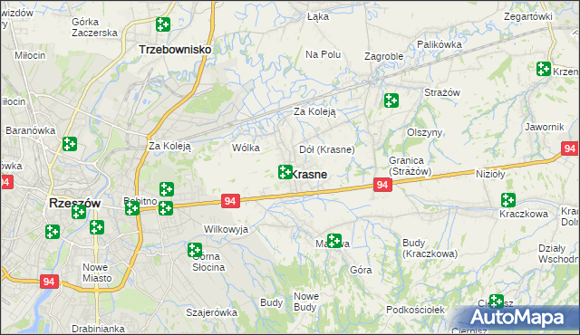 mapa Krasne powiat rzeszowski, Krasne powiat rzeszowski na mapie Targeo