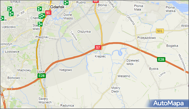 mapa Krępiec gmina Pruszcz Gdański, Krępiec gmina Pruszcz Gdański na mapie Targeo