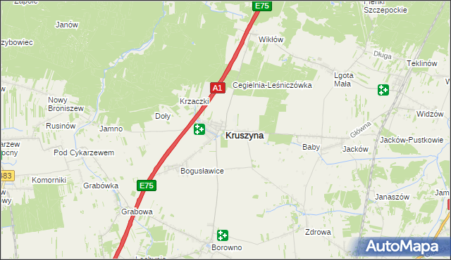 mapa Kruszyna powiat częstochowski, Kruszyna powiat częstochowski na mapie Targeo