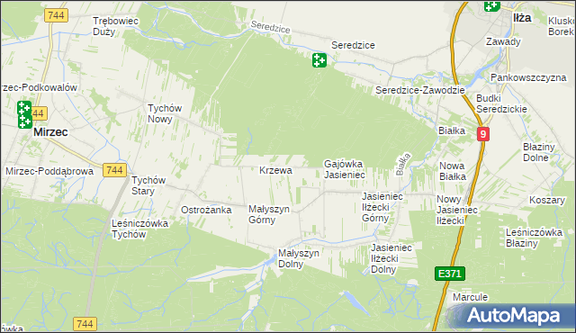mapa Krzewa gmina Mirzec, Krzewa gmina Mirzec na mapie Targeo