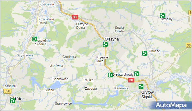 mapa Krzewie Małe, Krzewie Małe na mapie Targeo