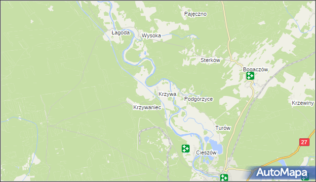 mapa Krzywa gmina Nowogród Bobrzański, Krzywa gmina Nowogród Bobrzański na mapie Targeo