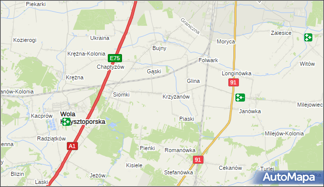 mapa Krzyżanów gmina Wola Krzysztoporska, Krzyżanów gmina Wola Krzysztoporska na mapie Targeo