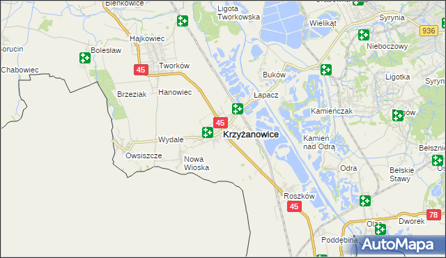 mapa Krzyżanowice powiat raciborski, Krzyżanowice powiat raciborski na mapie Targeo