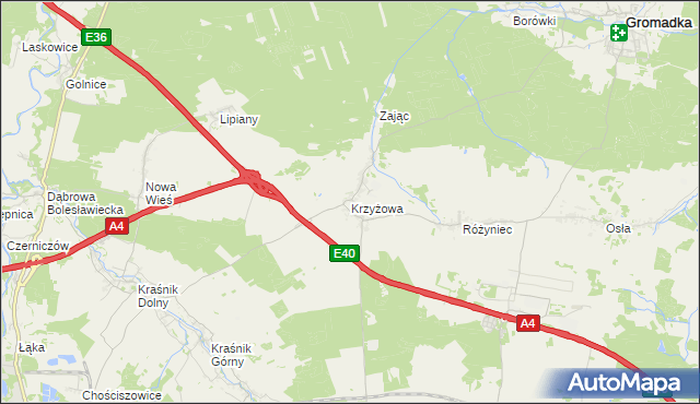 mapa Krzyżowa gmina Gromadka, Krzyżowa gmina Gromadka na mapie Targeo