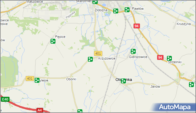 mapa Krzyżowice gmina Olszanka, Krzyżowice gmina Olszanka na mapie Targeo