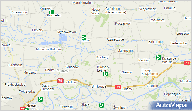 mapa Kuchary gmina Nowe Brzesko, Kuchary gmina Nowe Brzesko na mapie Targeo