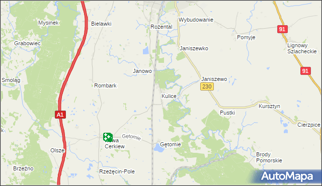 mapa Kulice gmina Pelplin, Kulice gmina Pelplin na mapie Targeo