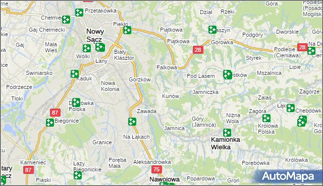 mapa Kunów gmina Chełmiec, Kunów gmina Chełmiec na mapie Targeo