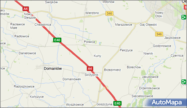 mapa Kuny gmina Domaniów, Kuny gmina Domaniów na mapie Targeo